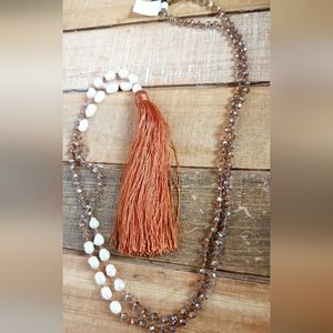 Zacasha Boho Faceted Crystal and Pearl Tassel Drop Necklace Burnt Orange Grey